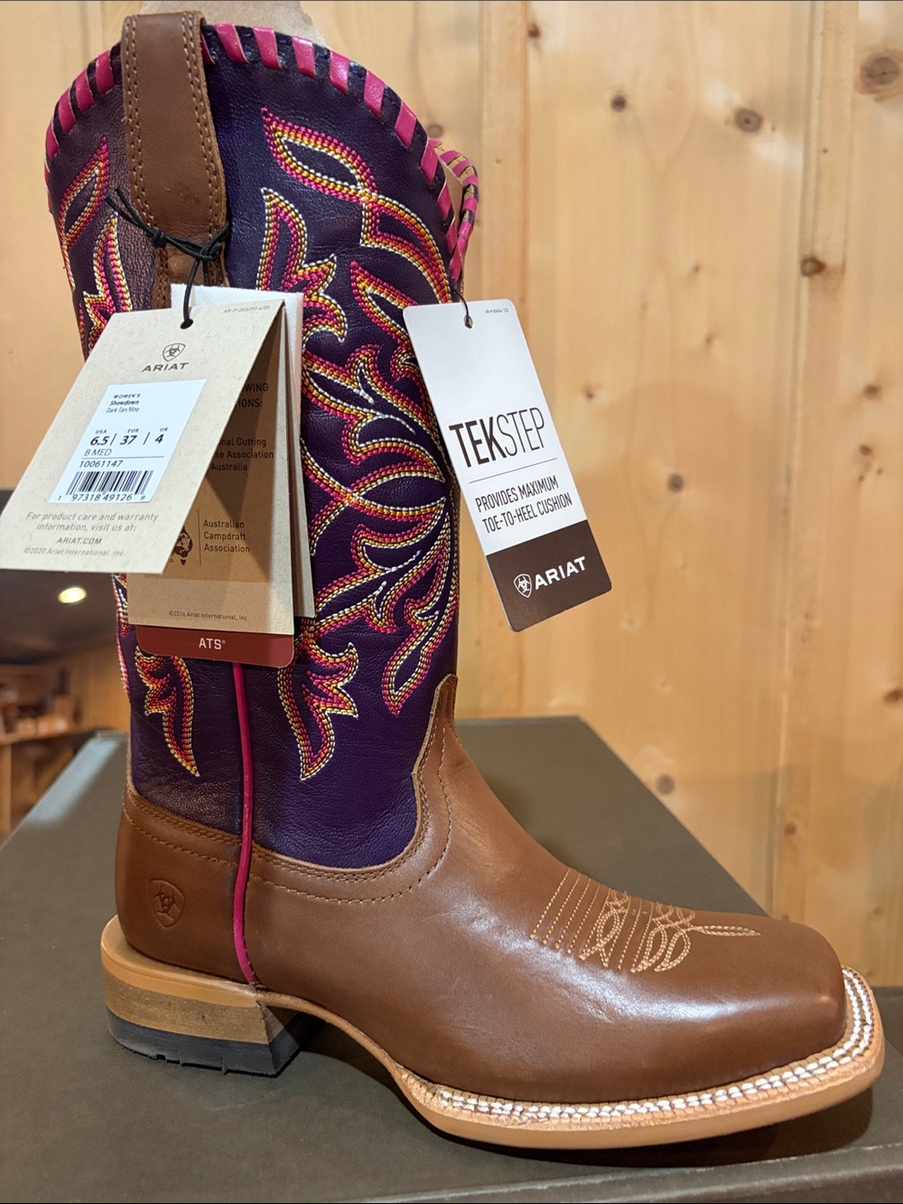 Ariat Brown Leather Western Boot with Purple Shaft and Pink Trim